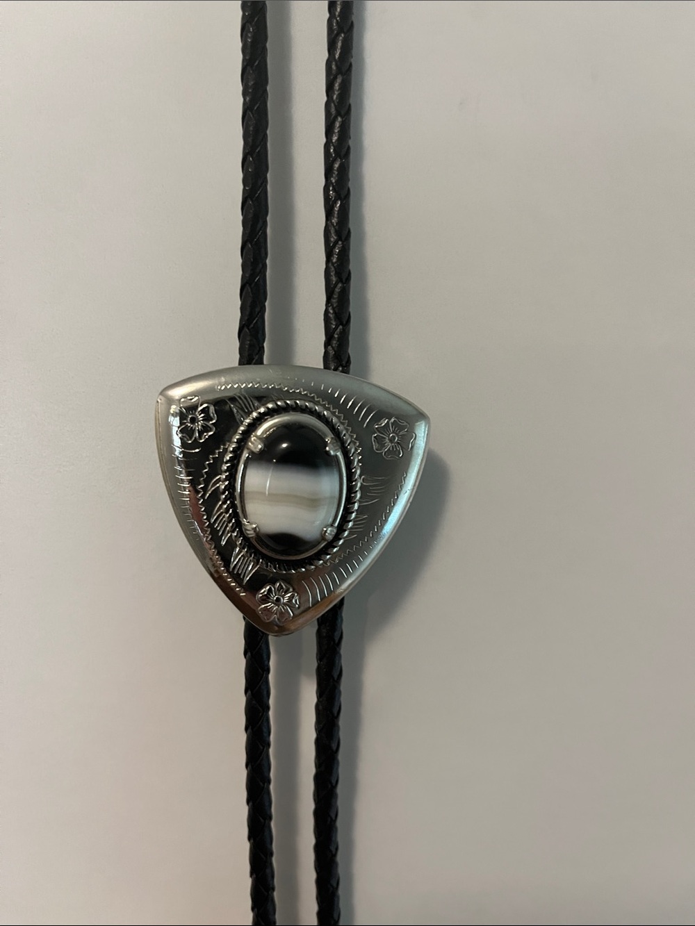 Black Braided Leather Bolo Tie with Silver Tone Stone Slide